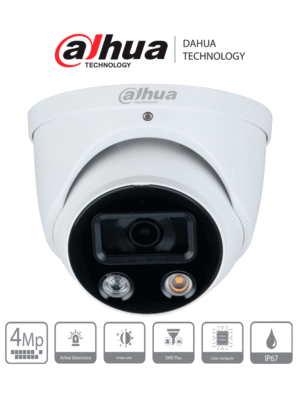 Camara IP Domo TiOC de 4 MP 2.8mm WizSense, Sirena/ Estrobo Azul y Rojo IP67 Dahua