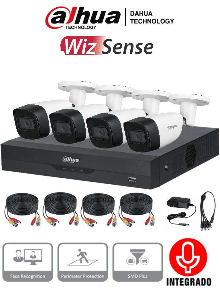 DAHUA KITXVR5104HS4KLI3+4HFW1500CMA- Kit de 4 Canales de 5 Mp con Audio/ DVR WizSense con Reconocimiento de Rostros/ H.265+/ 4 Camaras Metalicas/ 4 Ch + 4 IP o Hasta 8 Ch IP/ 4 Ch SMD Plus/ Busqueda de Humanos y Vehiculos/ Accesorios Incluidos/ #PromoMayo