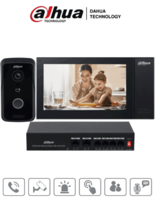 DAHUA KITKTP02 - Kit de Videoportero IP/ Monitor de 7 Pulgadas con Memoria Embebida de 8 GB/ 6&1 E&S de Alarma/ Frente de Calle IP65/ Apertura Remota/ Soporta Apertura Remota y con Tarjetas Mifare (IC Card)/ Switch de 4 Puertos PoE 10/100/